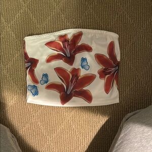 Floral Tube Top with Red Flowers and Blue Butterflies